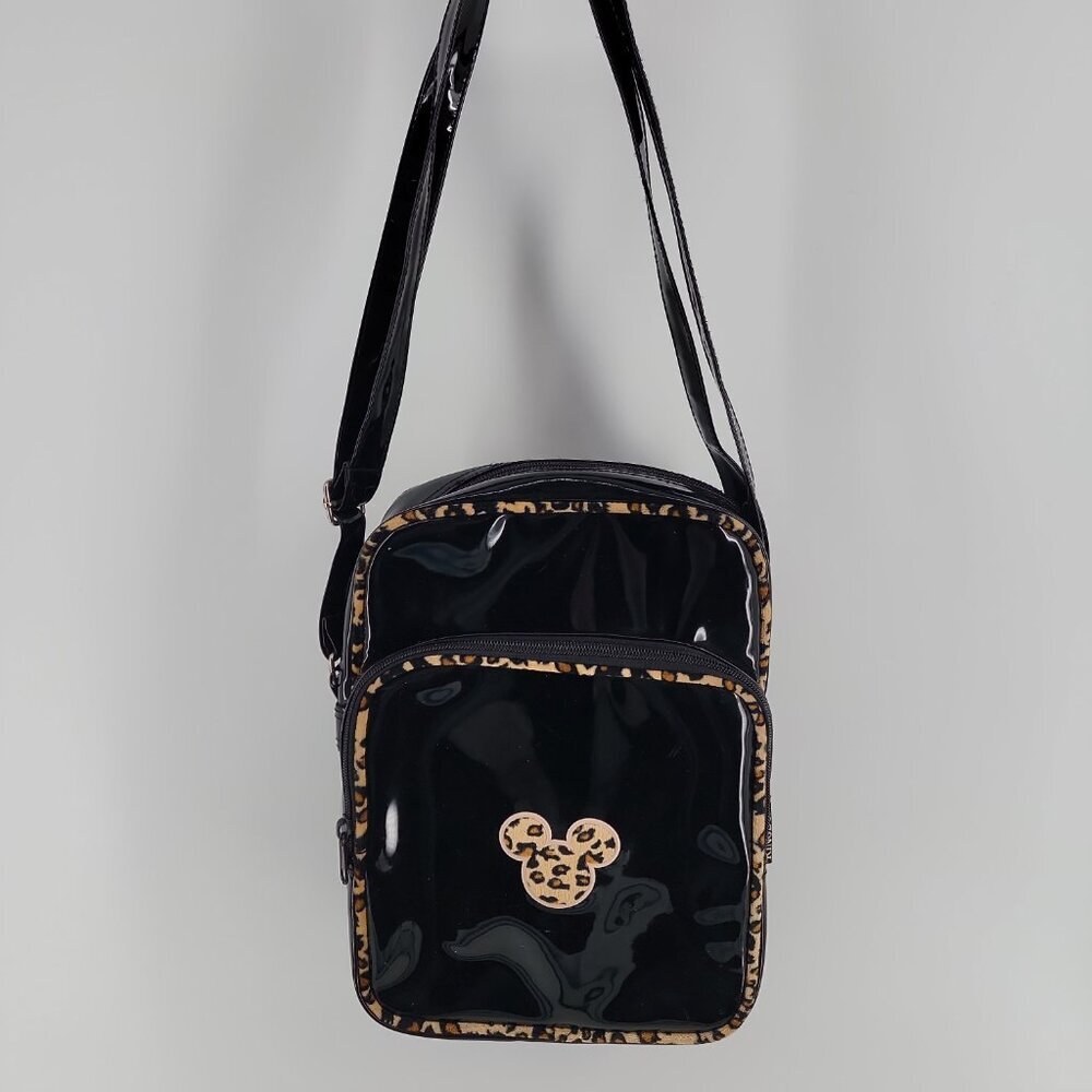 Disney Animal Kingdom Black Crossbody Bag | Leopard Trim Mickey | Zippered - Picture 3 of 11